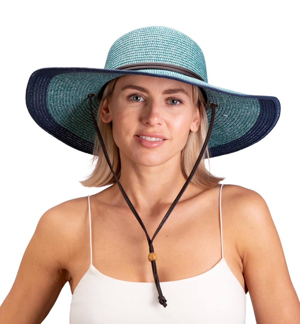 Women's Wide Brim Braided Sun Hat with Wind Lanyard - UPF | Gray Blue | Size M